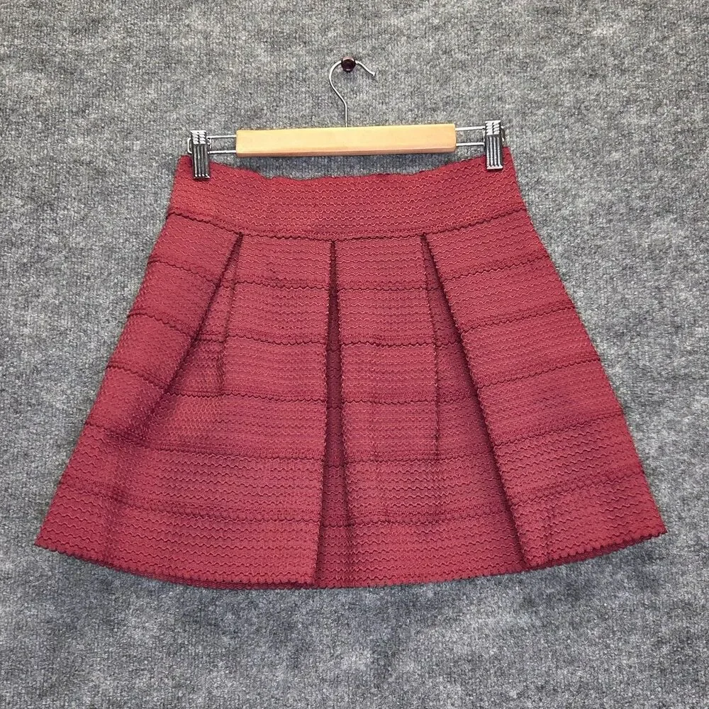 HOT GAL Skirt Womens Large Burgundy Textured Pleated A-Line Skater Exposed Zip